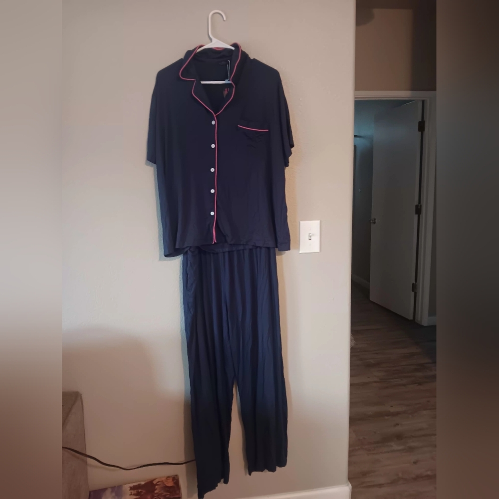 Navy Blue Women's Pajama Set with Pink Trim